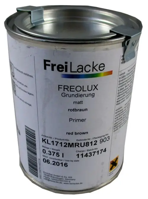 Dose mit rotem Rostschutzprimer von der Marke Wolf, passend für verschiedene Anwendungen. Inhalt: 0,375 Liter. Herstellerangaben auf der Verpackung zu finden.